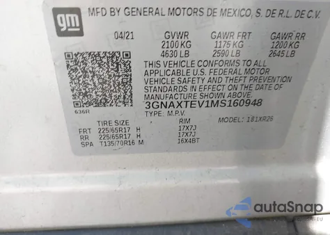 2021 Chevrolet Equinox Awd 2Fl z USA, uszkodzony, nr VIN 3GNAXTEV1MS160948
